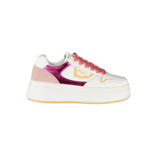 Blauer White Leather Women Sneaker with pink accents and contrasting laces, featuring comfortable removable insoles and iconic logo.