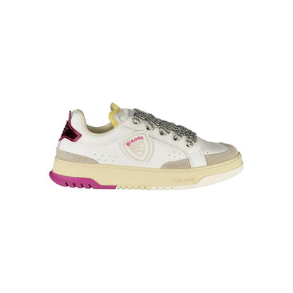 Blauer White Leather Women Sneaker with grey and fuchsia accents, sporty design, removable insole, and bold logo on the side.