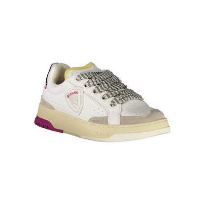 Blauer White Leather Women Sneaker with grey and fuchsia accents, featuring a bold Blauer logo and removable insole for comfort.