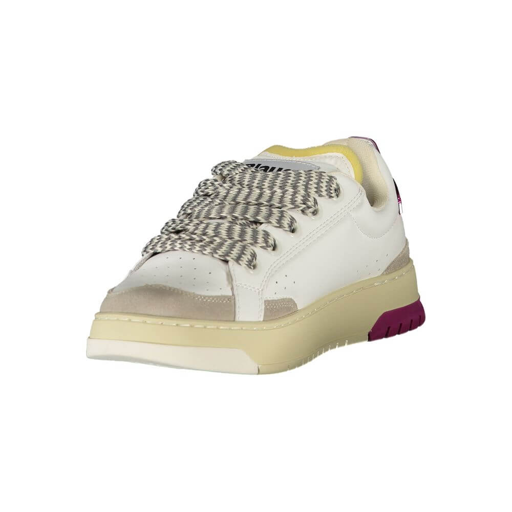 Blauer White Leather Women Sneaker with grey and fuchsia details, removable insole, and bold logo.