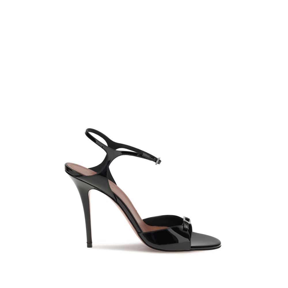 Amina Muaddi Black Calf Leather Bos Taurus Stiletto Heel Sandals