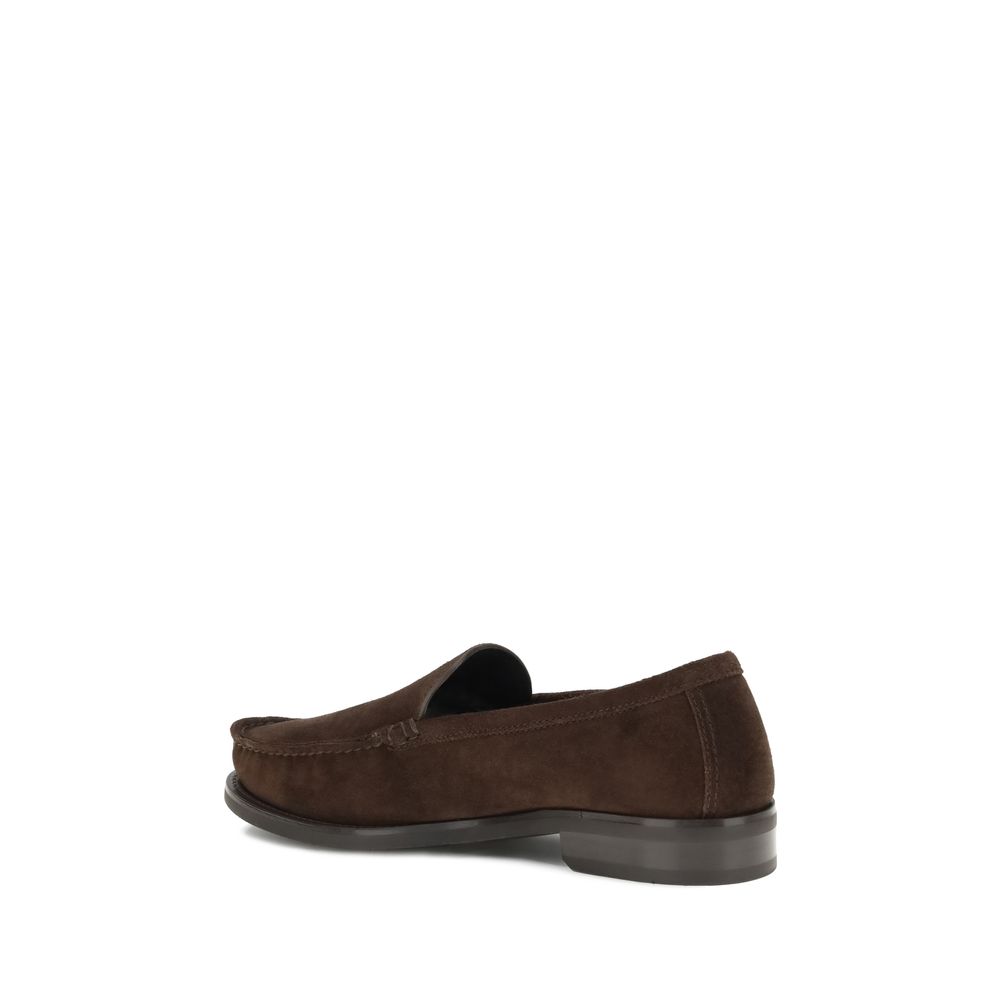 Prada Brown Calf Leather Bos Taurus Slip-On Loafers with suede leather finish and rubber sole, side view