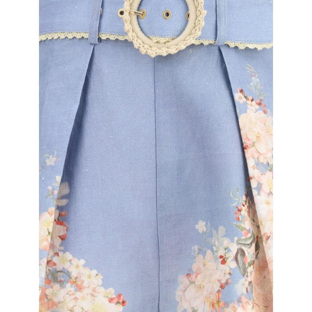 Zimmermann Light Blue Linen Bermuda Shorts with botanical print and belt detail, perfect for casual summer fashion.