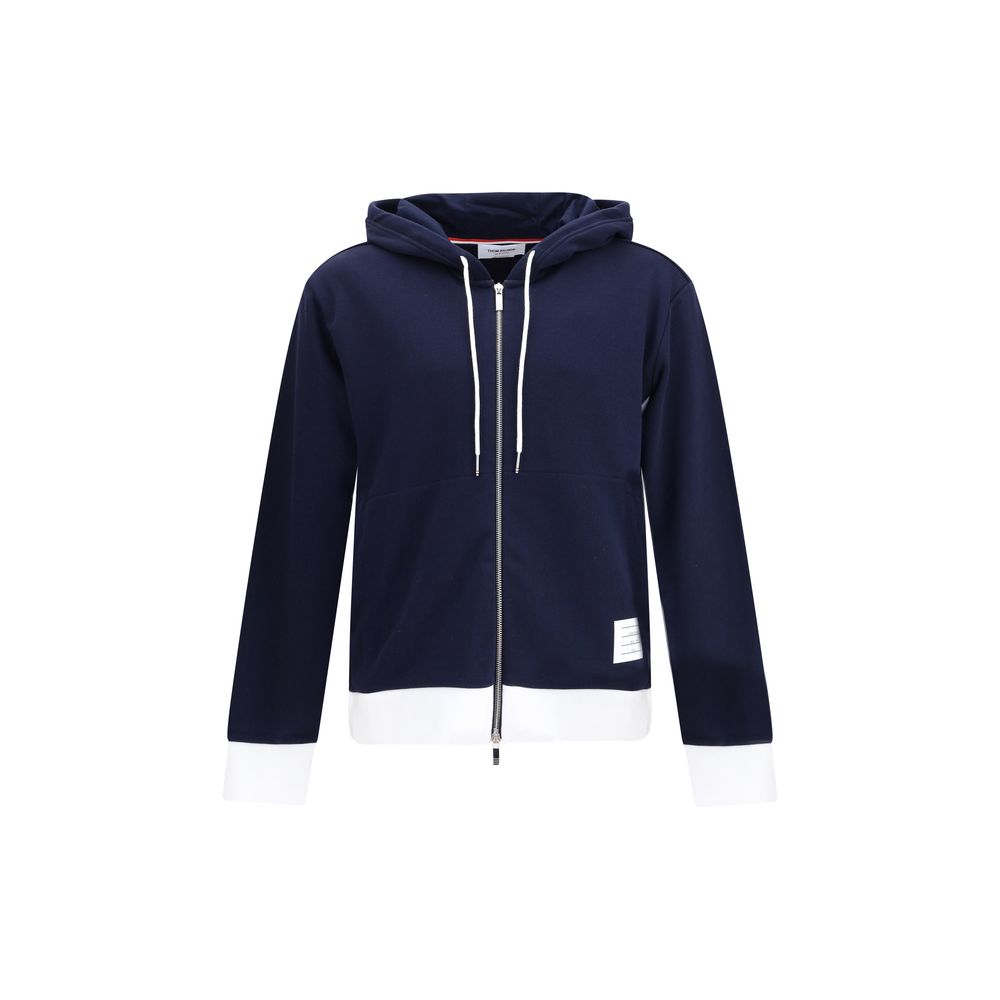 Thom Browne Blue Cotton Sweatshirt with hood, zipper, and signature patch, contrasting cuffs and hem, made from 100% cotton in Japan.
