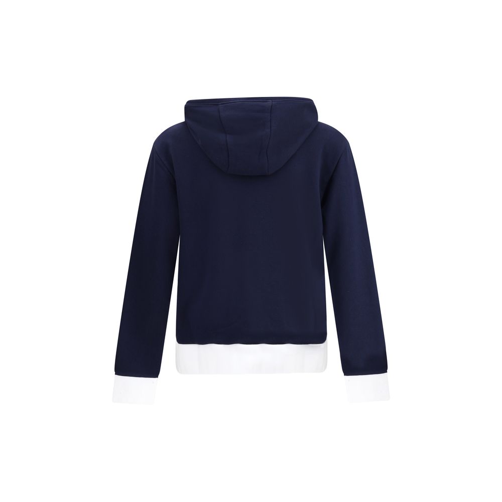 Back view of Thom Browne Blue Cotton Sweatshirt with hood, showcasing contrast cuffs and hem.