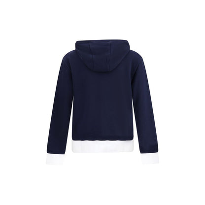 Back view of Thom Browne Blue Cotton Sweatshirt with hood, showcasing contrast cuffs and hem.