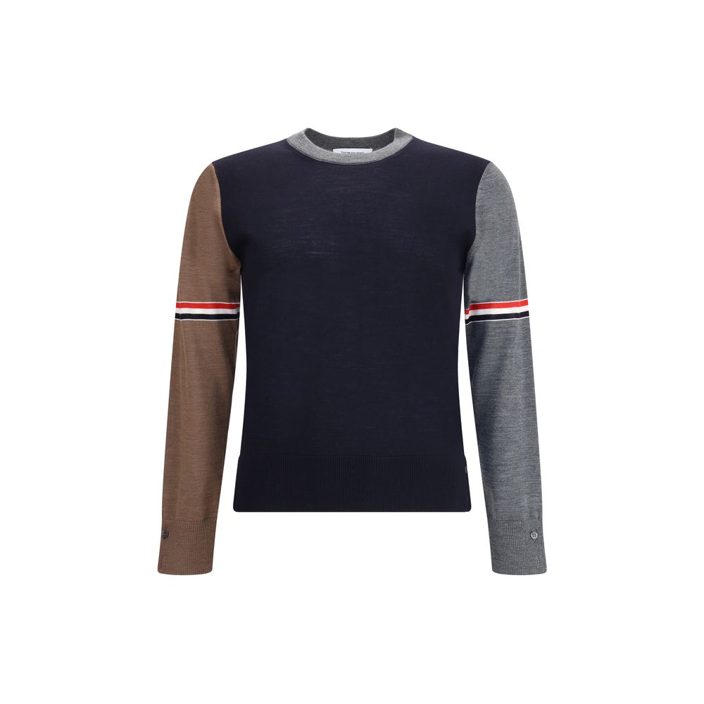 Thom Browne Multicolor Fleece Wool Sweatshirt with ribbed crew neck and iconic tricolor sleeve bands, AW25 collection, 100% fleece wool.