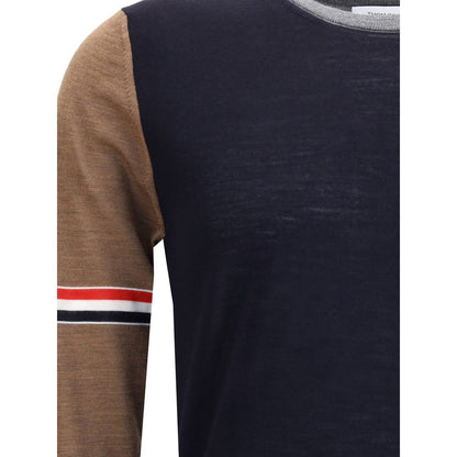 Thom Browne Multicolor Fleece Wool Sweatshirt with tricolor sleeve design and ribbed crew neck, showcasing iconic aesthetic.