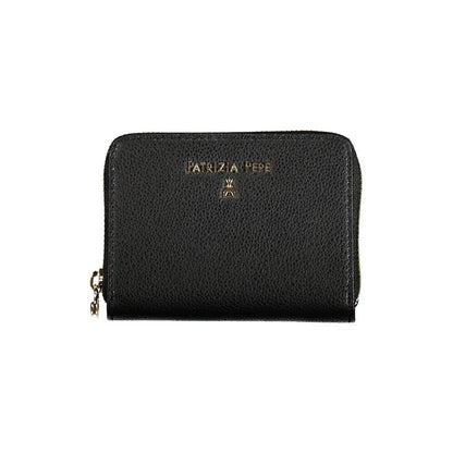 Patrizia Pepe Black Leather Wallet with zip closure, logo, coin purse, and card slots. Stylish and functional design.