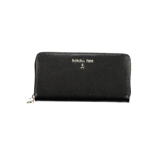 Patrizia Pepe Black Leather Wallet with logo, zip closure, compartments, card slots, and coin purse.