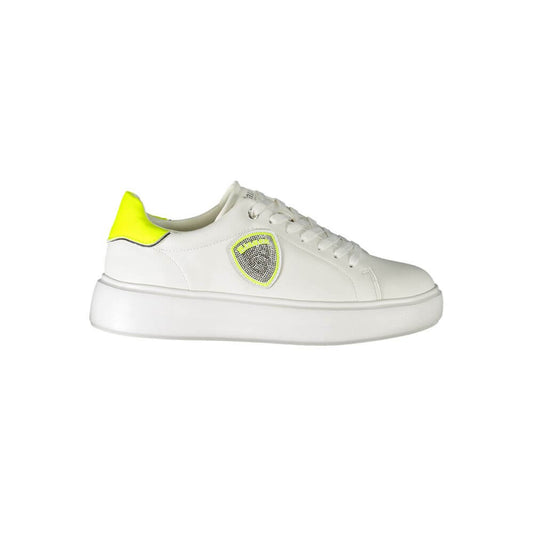 Blauer White Polyester Sneaker with laces, contrast details, logo, sports shoe side view.