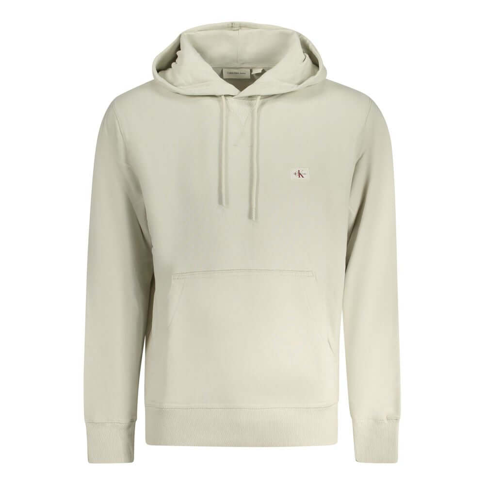 Calvin Klein Beige Cotton Men Sweater with hood and central pocket, featuring an appliqué logo on the front.