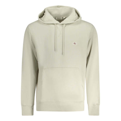 Calvin Klein Beige Cotton Men Sweater with hood and central pocket, featuring an appliqué logo on the front.