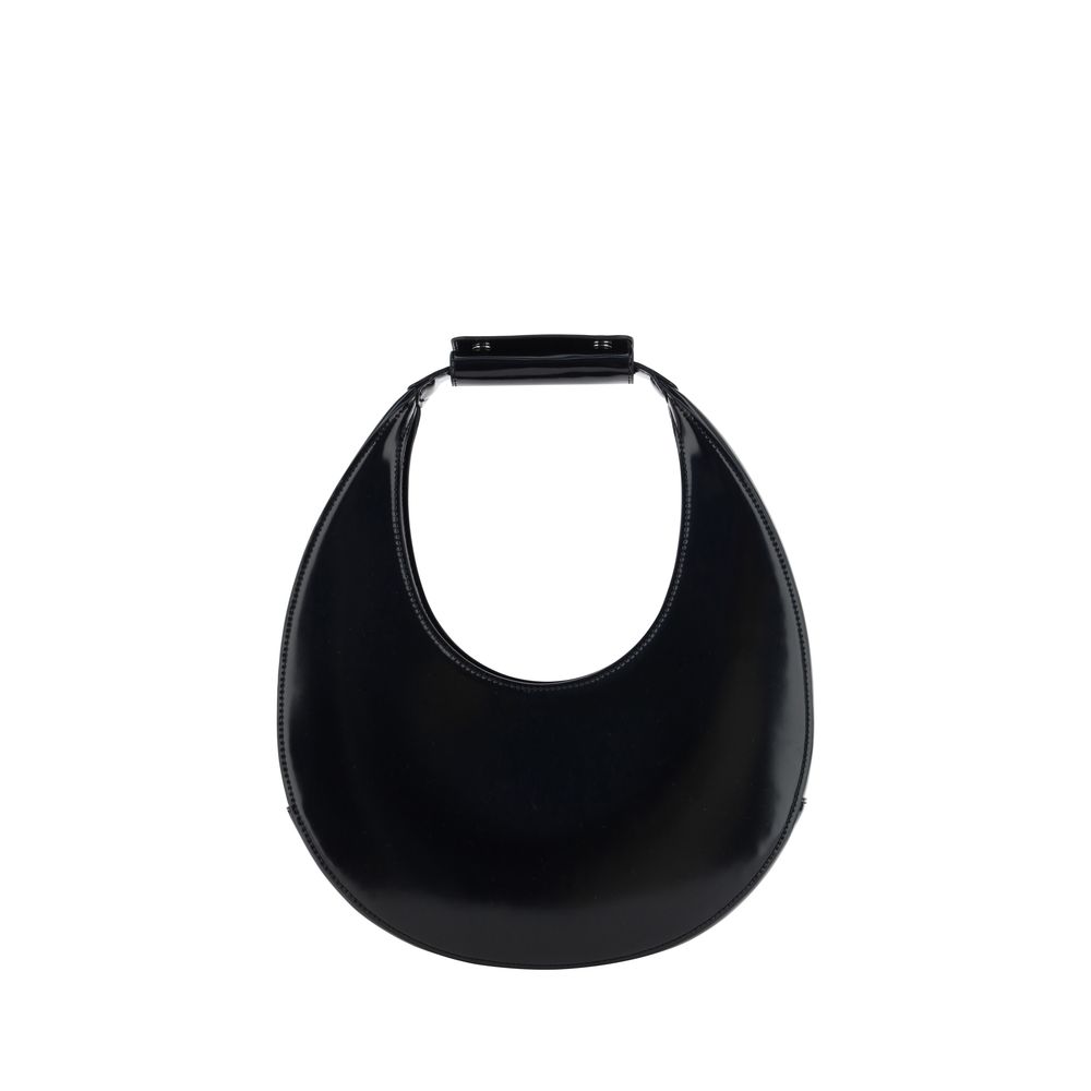 Staud Black Calf Leather Bos Taurus Shoulder Bag, round moon shape with rigid handle, top magnetic closure, made in Italy