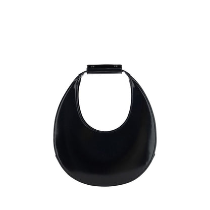 Staud Black Calf Leather Bos Taurus Shoulder Bag, round moon shape with rigid handle, top magnetic closure, made in Italy