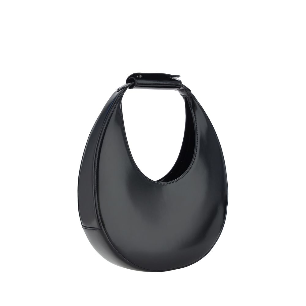 Staud Black Calf Leather Bos Taurus Shoulder Bag with iconic moon shape and rigid handle.