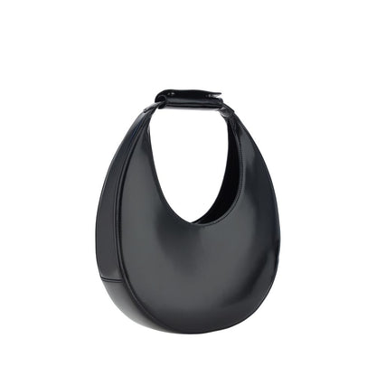 Staud Black Calf Leather Bos Taurus Shoulder Bag with iconic moon shape and rigid handle.