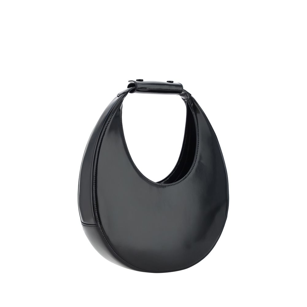 Staud Black Calf Leather Bos Taurus Shoulder Bag in iconic moon shape with a rigid handle and magnetic closure, made in Italy.