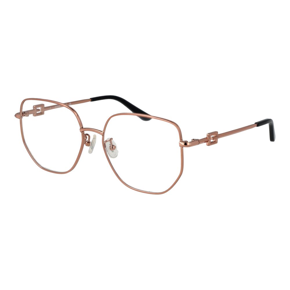 Guess Rose Gold Women Glasses Frame, full-rim square style with metal frame, demo lenses, and branded case included.