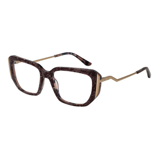 Brown full-rim rectangular glasses frame with gold temples on white background.