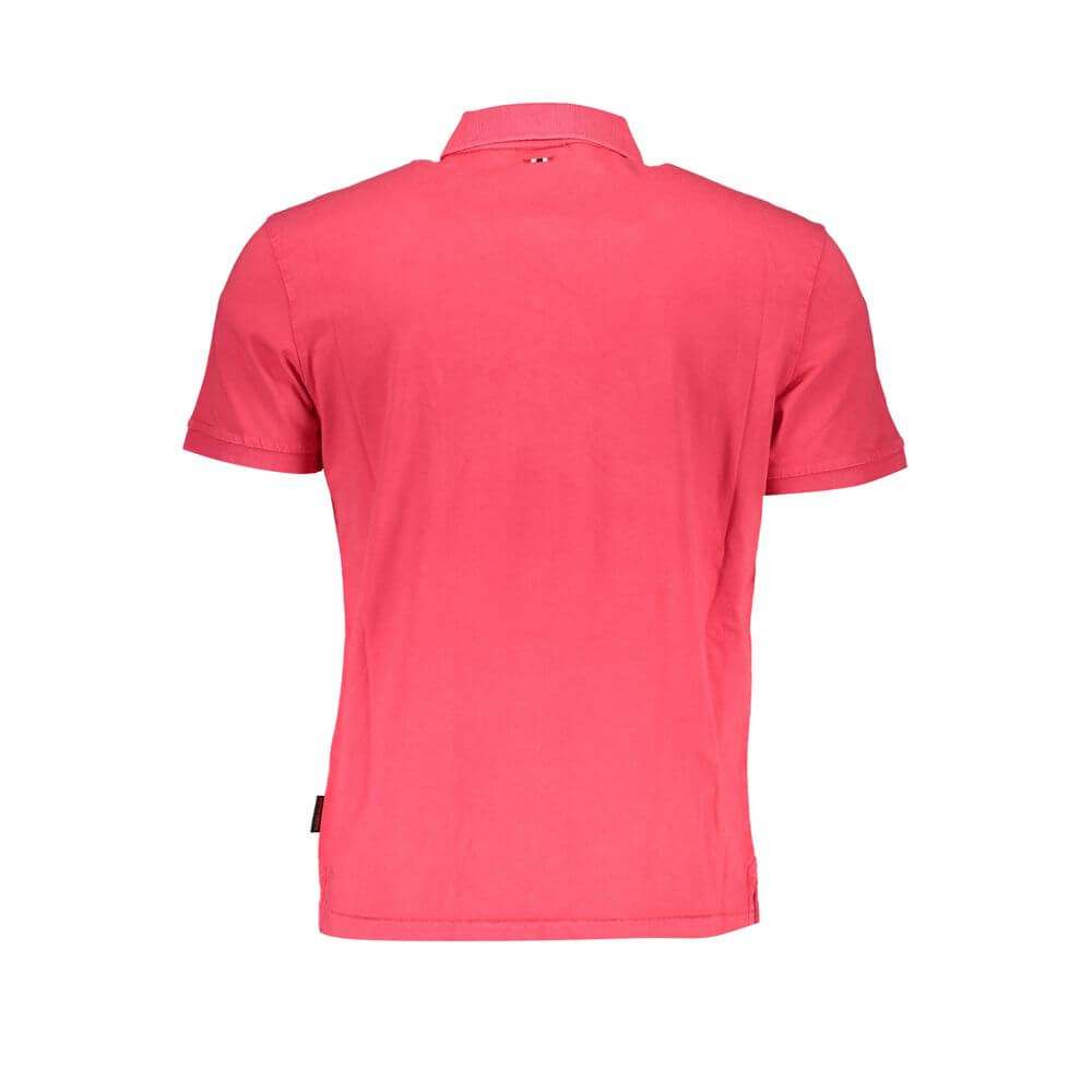Back view of Napapijri Pink Cotton Polo Shirt with short sleeves and two buttons, featuring logo and embroidery.