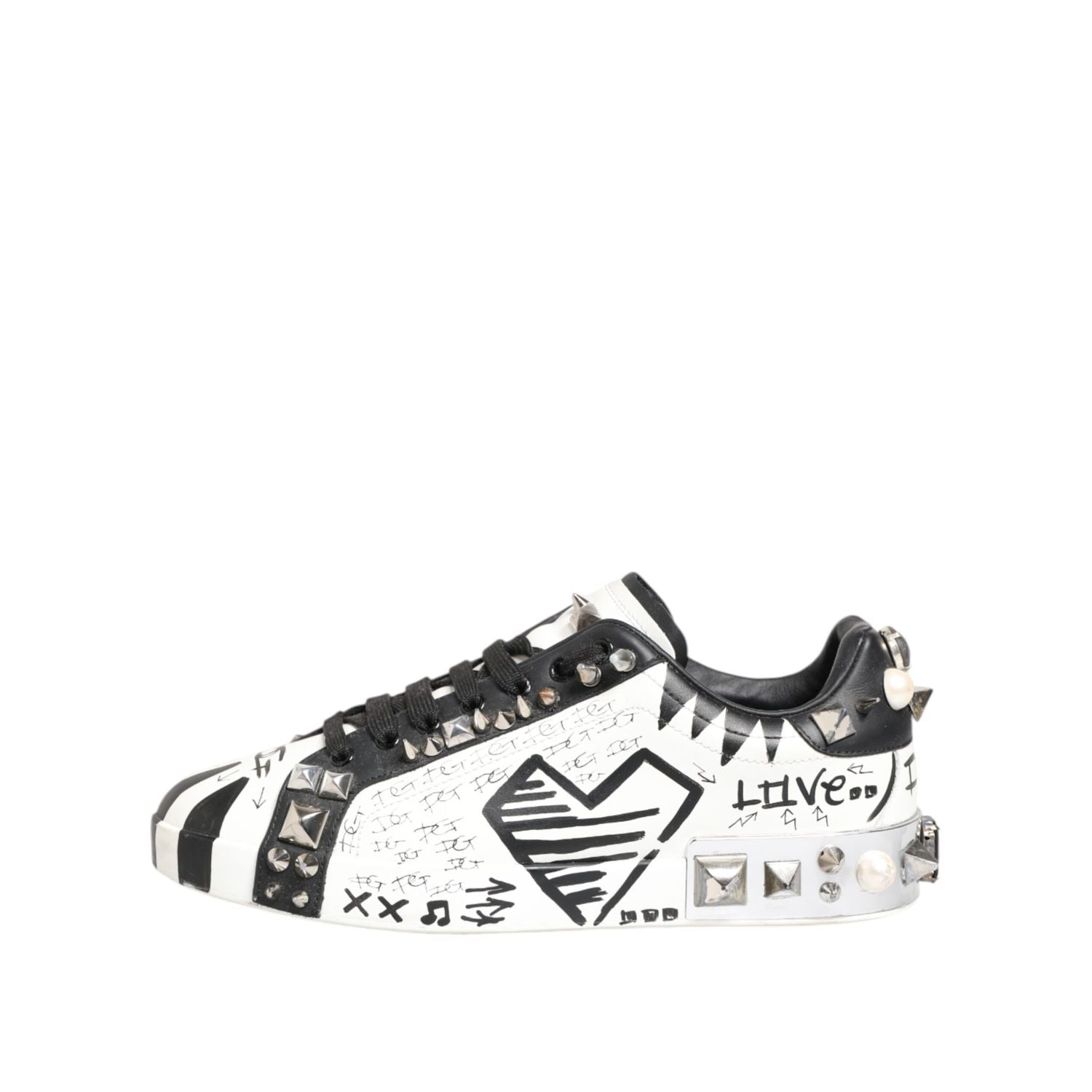 Dolce & Gabbana White Studded Printed Low Top Sneakers Shoes