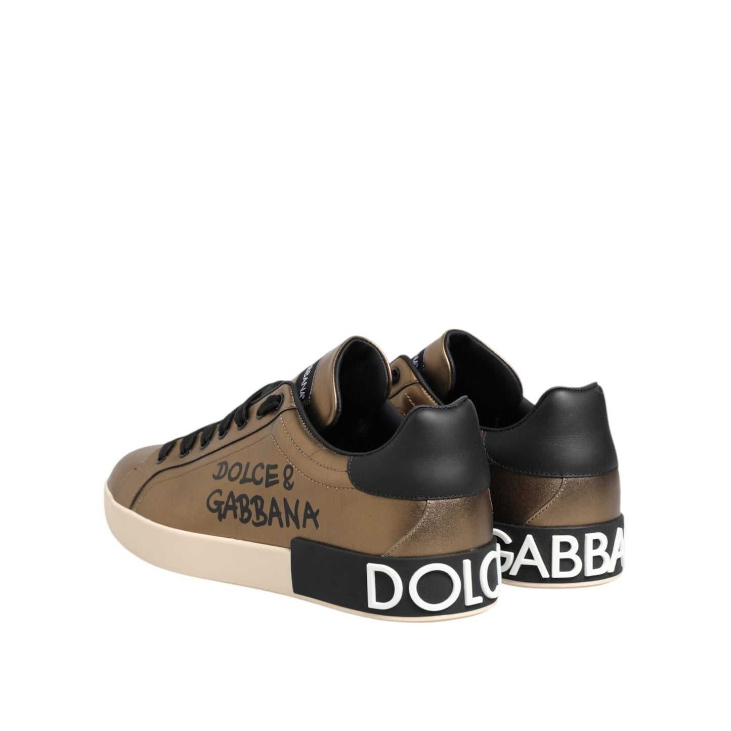 Dolce & Gabbana Gold White Leather Low Top Men Sneakers Shoes