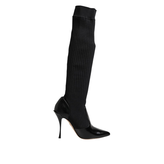 Dolce & Gabbana Black Leather Ribbed Knit Knee Boots Shoes