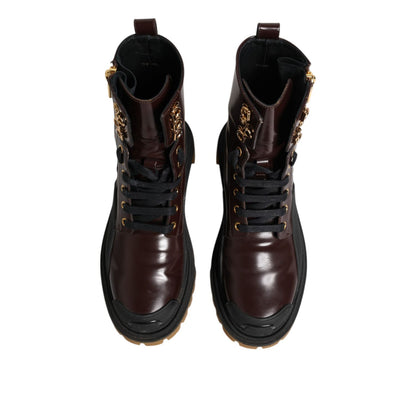 Dolce & Gabbana Maroon Leather Mid Calf Biker Boots Shoes