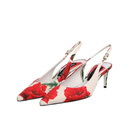 Dolce & Gabbana White Floral Heels Slingback Sandals Shoes