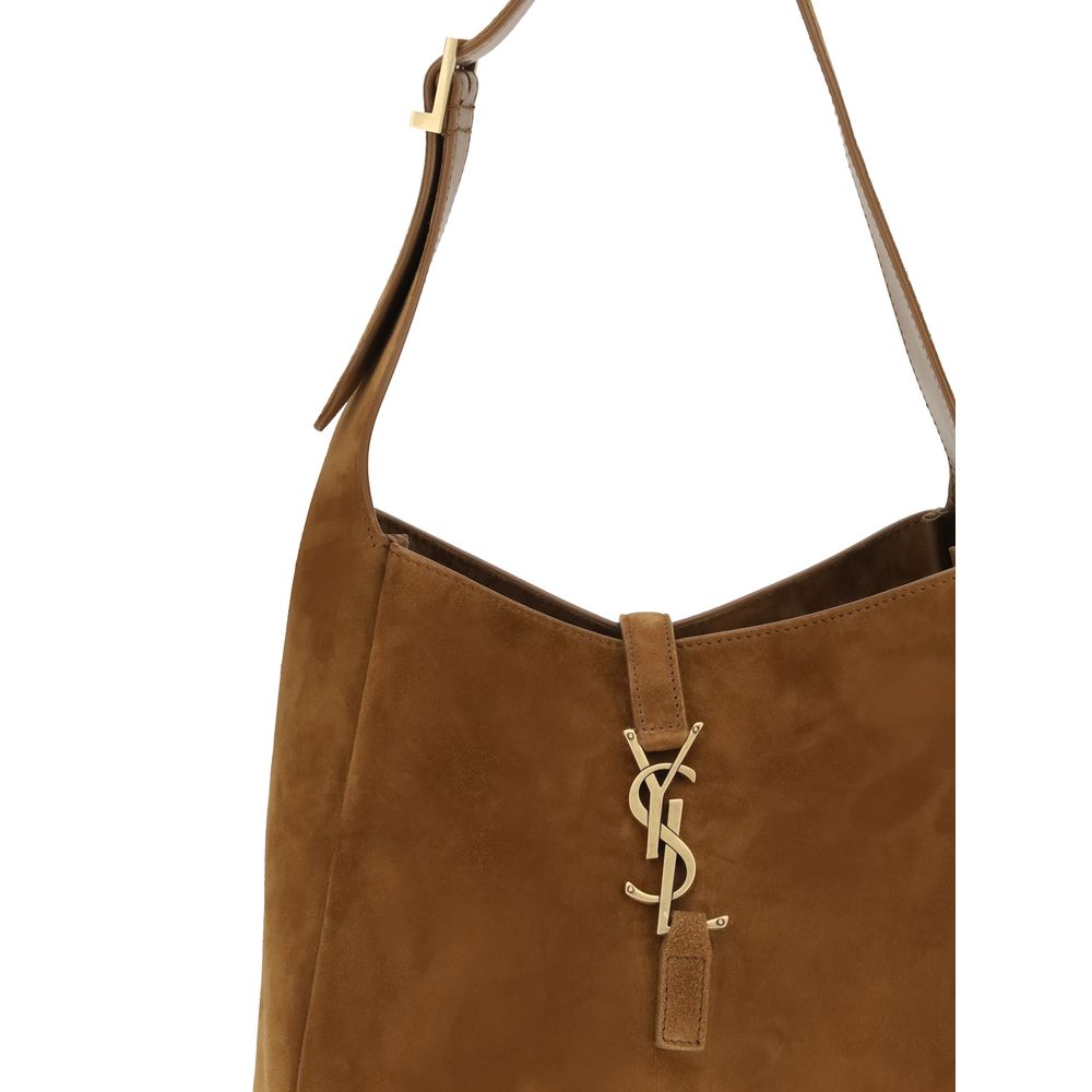 Saint Laurent Brown Calf Leather Bos Taurus Shoulder Bag with YSL logo and adjustable handle for elegance and practicality.