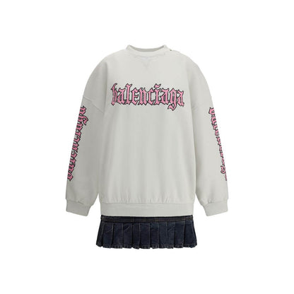 Balenciaga Multicolor Cotton Sweatshirt with logo, ribbed collar, and denim pleated skirt, showcasing a casual yet stylish urban design.