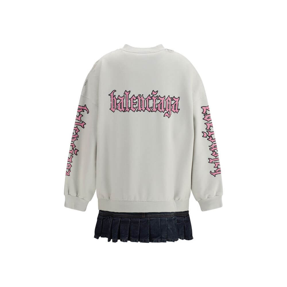 Back view of Balenciaga Multicolor Cotton Sweatshirt with logo and pleated denim skirt, showcasing urban style and comfort.