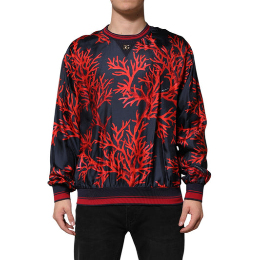 Dolce & Gabbana Navy Red Silk Coral Print Pullover Sweater