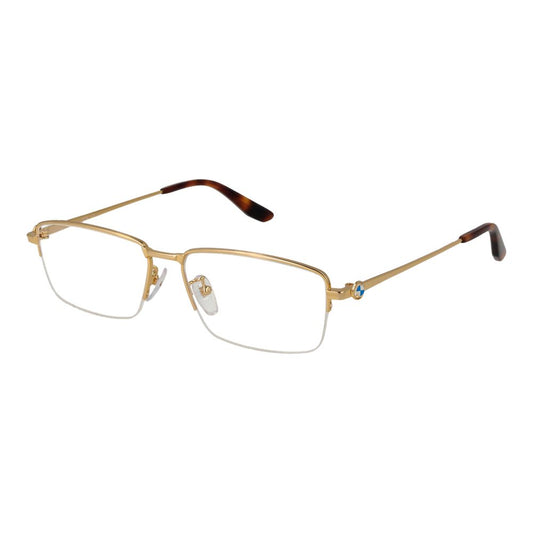 BMW Gold Men Glasses Frame in metal, half-rim style with clear demo lenses. Rectangle design with 140mm frame width and 150mm temples.
