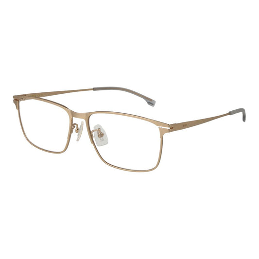Hugo Boss Gold Men Glasses Frame - full-rim gold metal rectangle, demo lenses, 57mm width, 44mm height, 15mm bridge, 140mm frame.