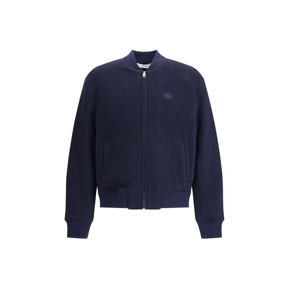 Etro Blue Wool Bomber with ribbed collar and cuffs, front zipper, side pockets, and embroidered Pegasus logo, showcasing contemporary style.