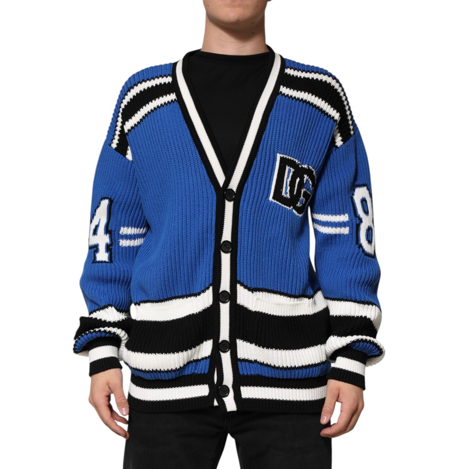 Dolce & Gabbana Blue Cotton Logo Patch Ribbed Knit Cardigan Sweater