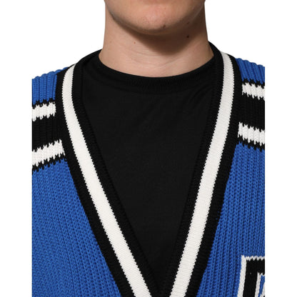 Dolce & Gabbana Blue Cotton Logo Patch Ribbed Knit Cardigan Sweater