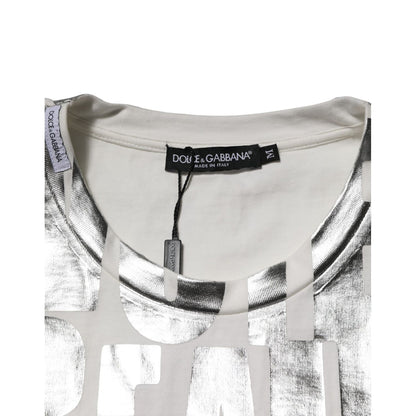 Dolce & Gabbana White Cotton Silver Metallic Slogan Print T-shirt