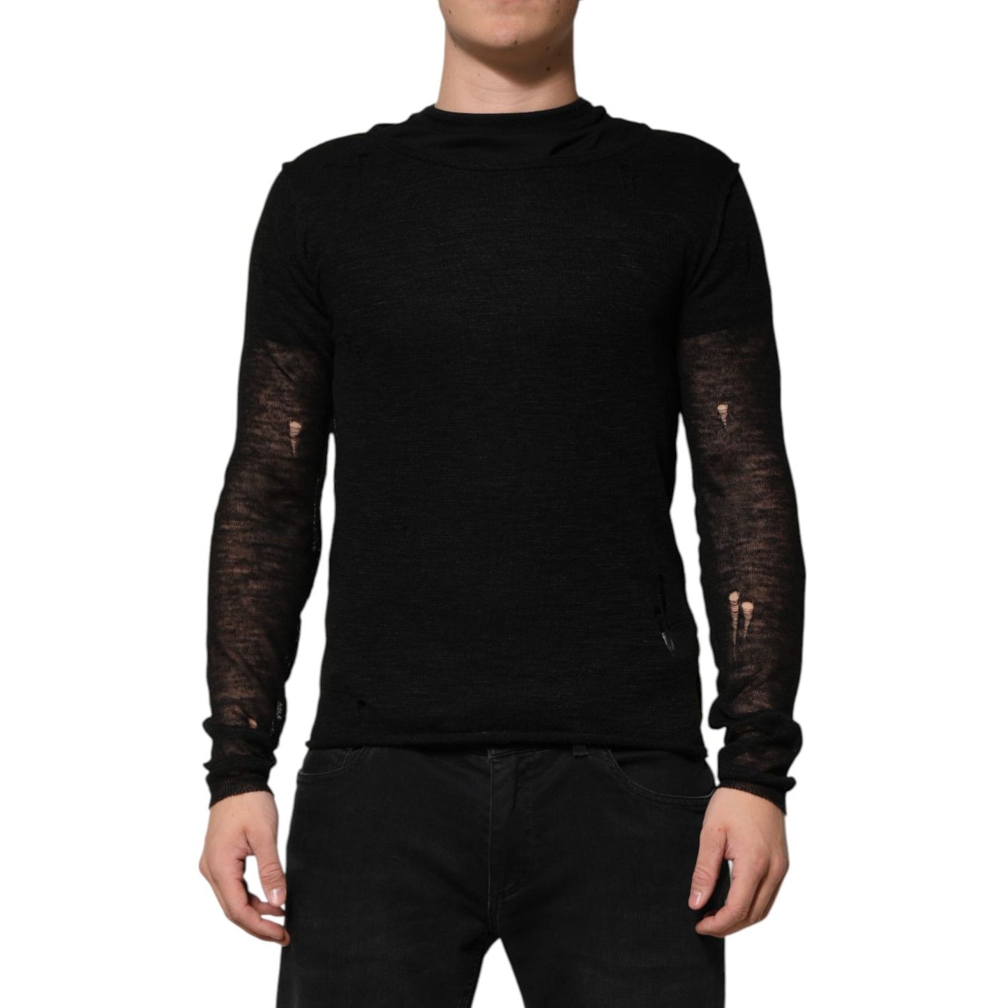 Dolce & Gabbana Black Linen Mesh Tattered Longsleeves T-shirt