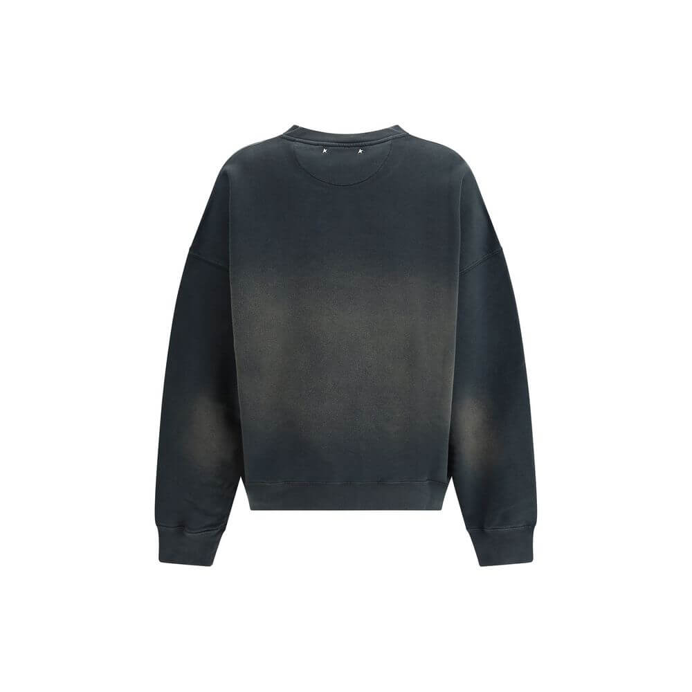 Golden Goose Black Cotton Sweatshirt with vintage washed-out effect and ribbed details, featuring iconic embroidered monogram, back view.