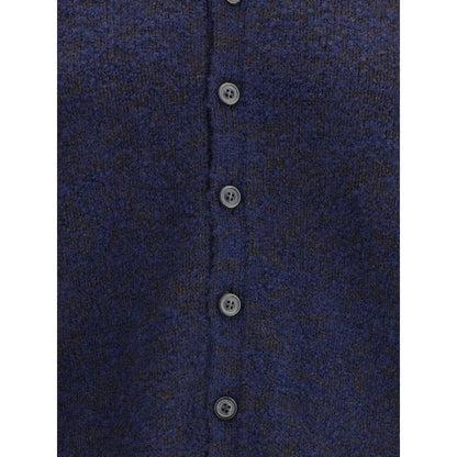 Close-up of Margiela Blue Wool Cardigan with buttons and ribbed texture showcasing the refined design elegance.