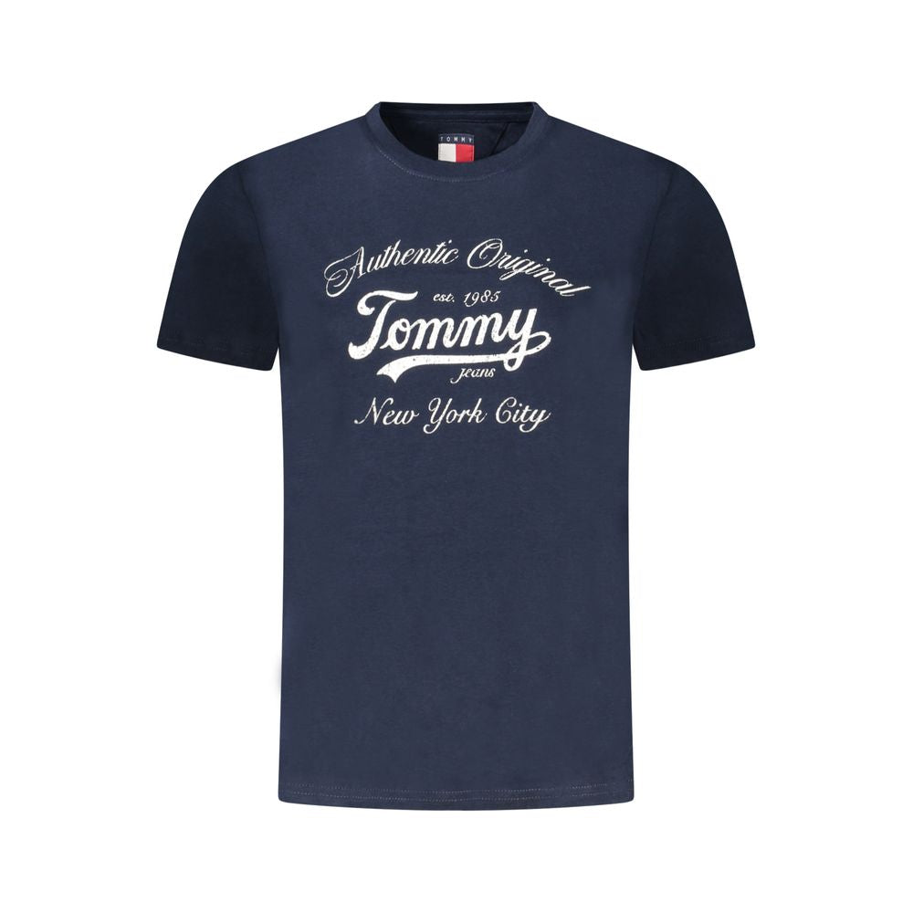 Tommy Hilfiger Blue Cotton Women T-Shirt with logo print, short-sleeved crew-neck design, showcasing sustainable fashion