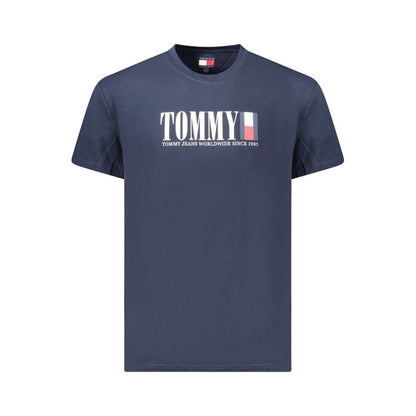 Tommy Hilfiger Blue Cotton Men T-Shirt with logo, crew neck, and short sleeves, highlighting sustainable fashion made from regenerative cotton.