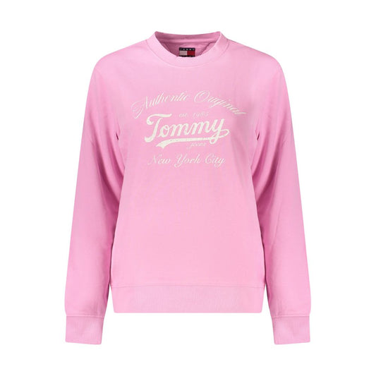 Tommy Hilfiger Pink Cotton Women Sweater with logo and bold print, long-sleeved and eco-conscious, perfect for trendy fashion statements.