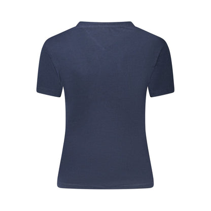 Back view of Tommy Hilfiger Blue Cotton Women T-Shirt showcasing sustainable short sleeves and iconic logo design.