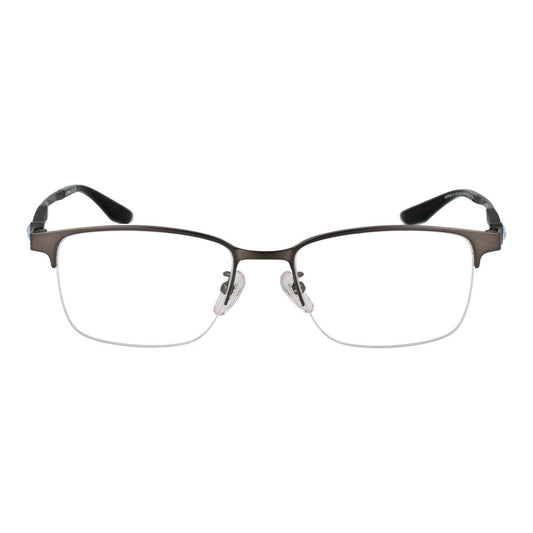 BMW Gray Men Glasses Frame in gunmetal, half-rim titanium, rectangle style for men, showing demo lenses with frame width 145mm and length 145mm.