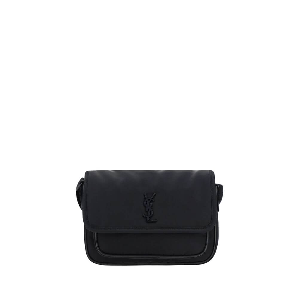 Saint Laurent Black Polyamide Shoulder Bag with adjustable strap, magnetic flap, and YSL logo, featuring a back pocket and interior compartment.