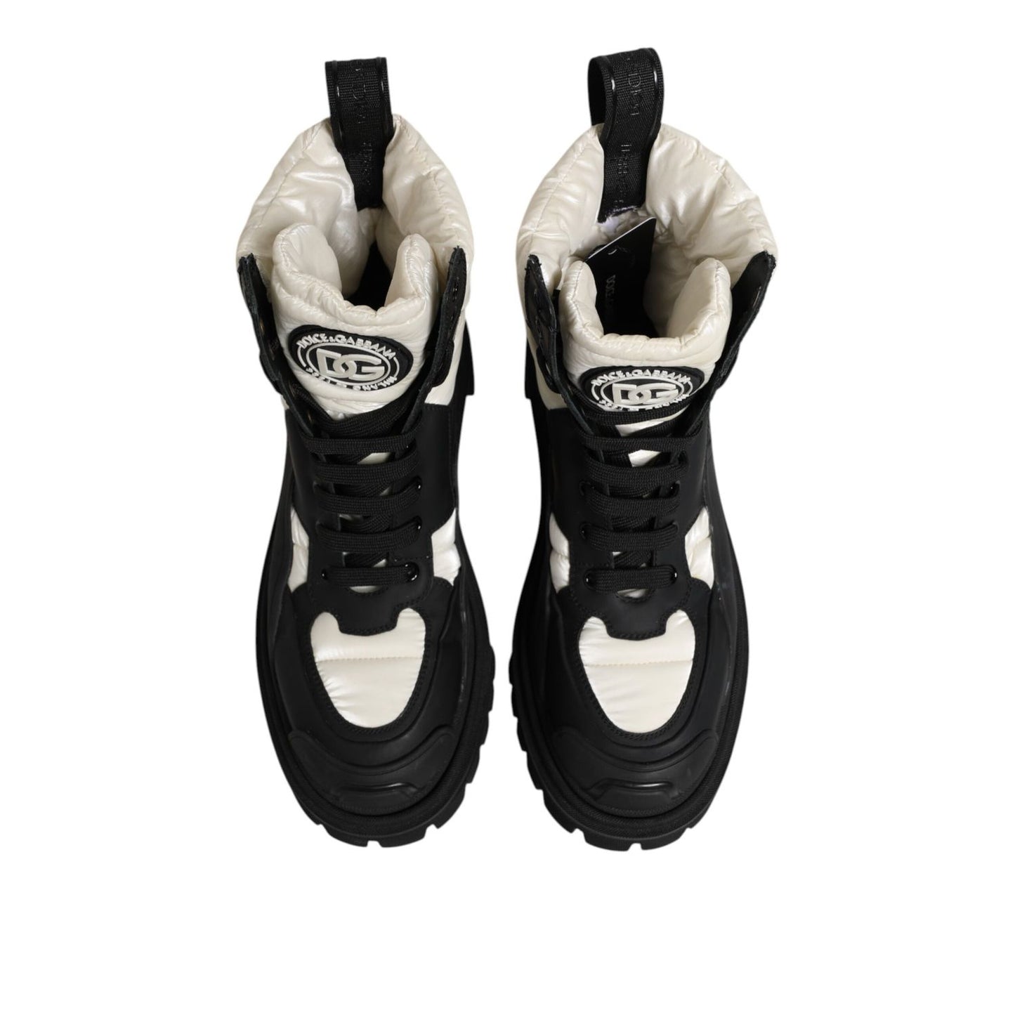 Dolce & Gabbana Black White Padded Mid Calf Lace Up Boots Shoes